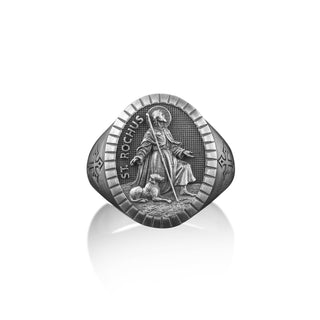 Saint Rochus Signet Ring For Men in Sterling Silver, Saint Roch Patron Against Plague Ring, Protection Ring, Family Ring, Christian Men Gift