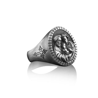Holy family sterling silver signet ring for men, St joseph virgin mary and baby jesus mens signet ring for husband
