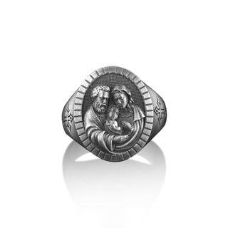 Holy family sterling silver signet ring for men, St joseph virgin mary and baby jesus mens signet ring for husband