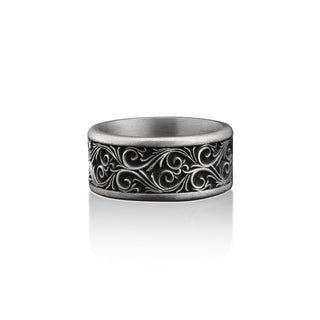 Leaves Motifs Handmade Sterling Silver Men Band Ring, Nature Wedding Ring, Dainty Ring, Engagement Ring, Anniversary Ring, Memorial Gift