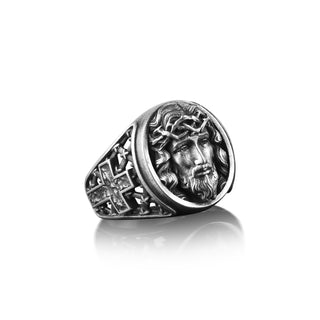 Jesus with Crown of Thorns Ring, Jesus with Cross Engraved Signet Ring For Men, Christian Mens Ring in Sterling Silver, Faith Ring For Dad