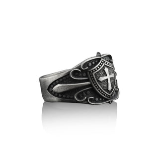 Cross in Shield Handmade Sterling Silver Men Ring, Christianity Symbol Cross Silver Ring, Cristian Cross Silver Men Jewelry, Ring for men