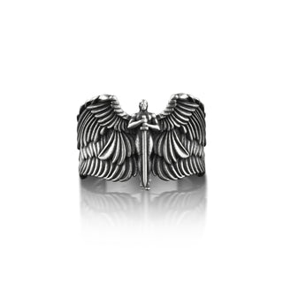Archangel Michael Extraordinary Ring, St Michael with Wing Christian Ring in Oxidized Silver, Saint Michael Faith Ring, Religious Gift Ring