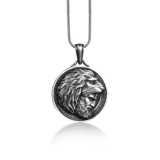 Hercules with Nemean Lion Hat Coin Necklace, Hercules Medallion Necklace in Sterling Silver, Ancient Greek Mythology Necklace For Boyfriend
