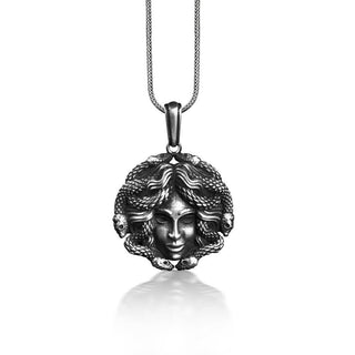 Medusa head unique necklace in silver, Gothic gorgon art necklace for best friend, Greek mythology necklace for mama