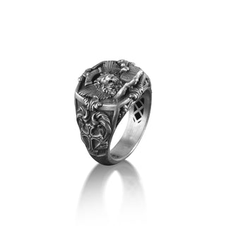 Saint Mark Lion Men Signet Ring, Evangelist Lion Cross Pattern Ring, 925 Sterling Silver Ring for Men, Chunky Mens Rings, Religous Jewelry