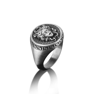 Medusa Pinky Signet Ring For Men, Greek Mythology Engraved Gorgon Ring in Silver, Fantasy Serpent Ring For Boyfriend, Ancient Ring For Dad