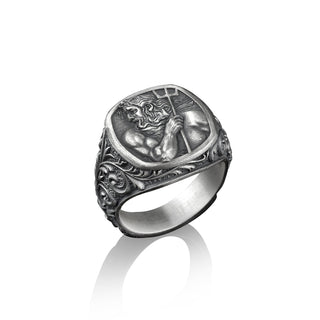 Poseidon with Trident, God of The Sea Square Signet Ring, Sterling Silver Mens Rings, Ancient Greek Mythology, Pinky Rings for Women
