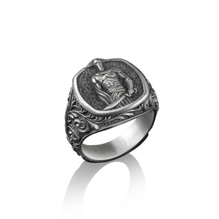 Spartan Warrior Signet Ring for Men in Silver, Ancient Greek Mythology Ring, Leonidas Men Ring, Victorian Pattern with Gorgon Ring, Men Gift