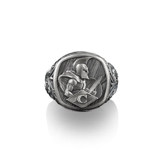 Spartan Greek Solider Signet Ring for Men in Sterling Silver, Greek Mythology Pinky Ring, Rings for Men, Victorian Pattern with Greek Ring