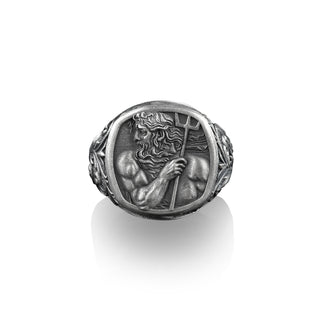 Poseidon with Trident, God of The Sea Square Signet Ring, Sterling Silver Mens Rings, Ancient Greek Mythology, Pinky Rings for Women