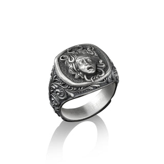 Gorgon Medusa Head Ring, Greek Mythology, Sterling Silver Square Signet Ring, Pinky Rings for Women, Men's Gold Signet Ring, Mythology Lover