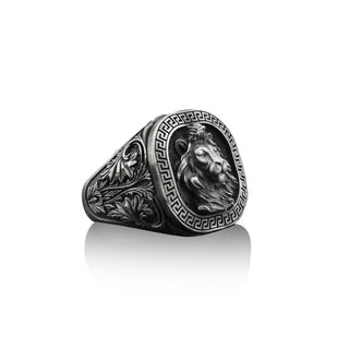Maned Lion Handmade Sterling Silver Men Signet Ring, Lion Animal Signet Ring, Leo Zodiac Sign Ring, Leo Astrology Signet Ring, Lion Jewelry