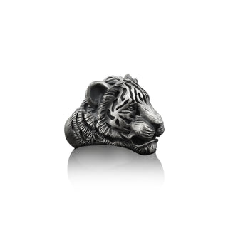 Asian Tiger Handmade Sterling Silver Men Ring, Wild Cat Animal Ring, Asian Tiger Silver Men Jewelry, 3D Tiger Head Biker Ring, Ring For Men