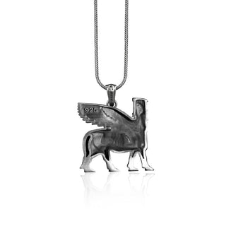 Assyrian Silver Men Necklace, Lamassu Pendant, Assyrian Winged Bull Necklace, Human Headed Mythical Creature Dad Necklace, Silver Men's Gift