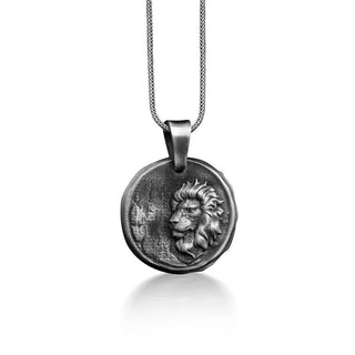 Leo Zodiac Sign Coin Necklace in Silver, Engraved Lion Astrology Necklace For Family, Horoscope Necklace For Boyfriend, Animal Necklace