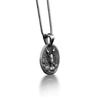 Cancer Zodiac Sign Coin Necklace, Engraved Crab Horoscope Necklace For Boyfriend, Oxidized Astrology Necklace in Silver, Cancer Zodiac Gift