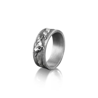Wolf Family Silver Mens Nature Ring, Engraved Wolf Oxidized Promise Ring For Men, Silver Animal Ring For Boyfriend, Mens Wedding Band Ring