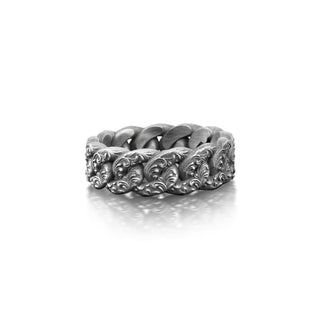 Floral Curb Link Chain Silver Mens Ring, Victorian Style Sterling Silver Curb Link Chain Ring For Boyfriend, Chunky Ring, Dad Gift From Kids