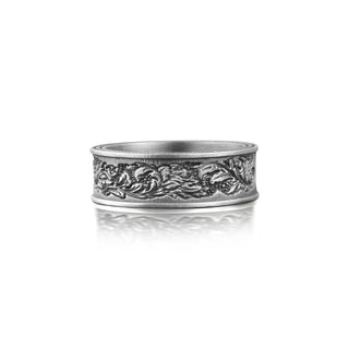 Leaf and Flower Engraved Ring For Men, Floral Mens Wedding Band Ring in Silver, Nature Promise Ring For Him, Botanical Ring For Boyfriend