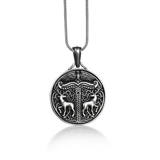 Viking Sterling Silver Coin Necklace, Raven and Antlered Deer in Coin Pendant, Norse Mythology Necklace For Boyfriend, Nordic Jewelry