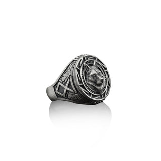 Nordic Wolf Handmade Sterling Silver Men Signet Ring, Norse Mythology Fenrir Biker Ring, Fenrir Wolf Silver Men Jewelry, Signet Ring For Men