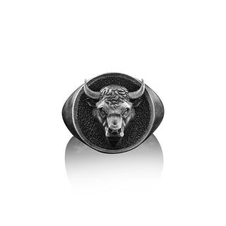 Zodiac Taurus Bull Signet Ring for Men in Sterling Silver, Bull Pinky Men Ring, Silver 3D Bull Head Jewelry, Animal Ring, Zodiac Men Jewelry