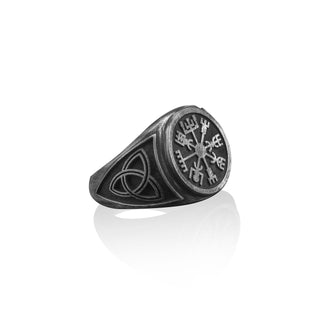 Vegvísir and Trinity Knot on Side Handmade Sterling Silver Men Signet Ring, Viking Wayfinder Men Jewelry, Mythology Ring, Ring For Men