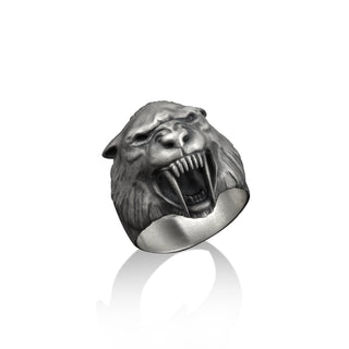 Saber toothed tiger 925 sterling silver ring for men, Predator cat unique mens ring for boyfriend, One of a kind ring