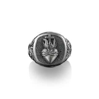 Sacred Heart Square Signet Ring Men, Sterling Silver Signet Ring Women, Catholic Gifts for Women, Christian Jewelry, Small Catholic Gift