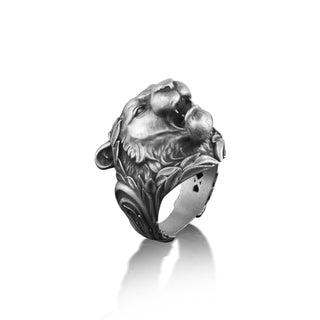Tiger with ancient greek civic crown 925 sterling silver ring, Strength ring for husband, Tiger head with branch ring