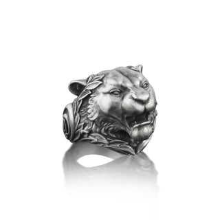 Tiger with ancient greek civic crown 925 sterling silver ring, Strength ring for husband, Tiger head with branch ring