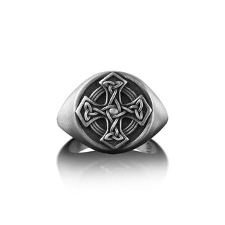 Celtic Cross Pinky Signet Ring For Men, Oxidized Celtic Mythology Ring in Sterling Silver, Nordic Christian Ring For Family, Faith Ring