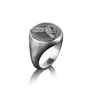 Viking Raven Bird of Prophecy Ring, Engraved Pinky Signet Ring in Oxidized Silver, Norse Mythology Ring For Family, Fantasy Ring For Husband
