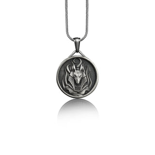Ancient Egypt Gothic Silver Medallion, Egyptian God Anubis Handmade Sterling Silver Charm Necklace, Skull Pendant, Mythology Necklace