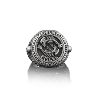 Pisces Memento Mori Mens Signet Ring, Fish Skeleton Ring For Best Friend, Zodiac Signet Ring in Oxidized Silver, Gothic Ring For Husband