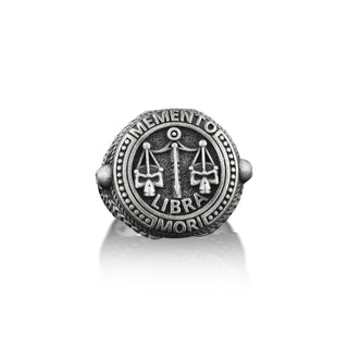 Libra Memento Mori Biker Ring For Men, Skull Punk Ring For Best Friend, Zodiac Signet Ring in Oxidized Silver, Gothic Ring For Boyfriend