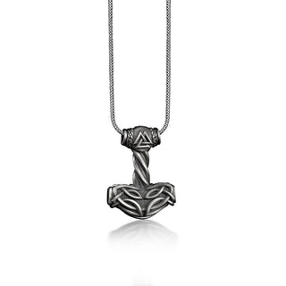 Mjolnir mens pendant necklace in sterling silver, Thors hammer necklace with engraved viking symbol, Norse necklace