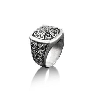 Cross Floral Mens Signet Ring, Maltese Cross Engraved Signet Ring For Men, Victorian Motif Botanical Ring in Sterling Silver, Religious Ring