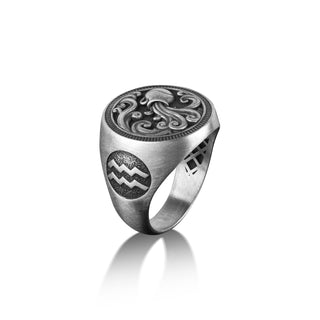 Aquarius Zodiac Sign Pinky Silver Ring For Men, Zodiac Pinky Signet Ring in Sterling Silver, Astrology Ring, Horoscope Gift Ring For Men