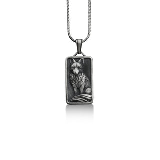 Personalized rectangle fox pendant necklace in 925 silver, Nature inspired necklace for best friend, Animal necklace
