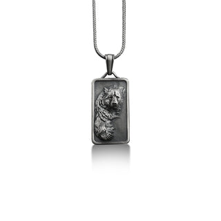 Grizzly Bear Silver Tag Necklace for Men in Sterling Silver, Scandinavian Bear Pendant, Customizable Necklace, Memorial Gift, Viking Gift