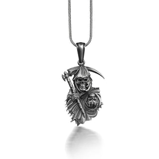 Grim reaper pendant necklace for men, Oxidized gothic skeleton necklace in silver, Angel of death necklace for boyfriend