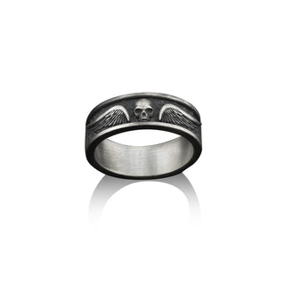 Winged skull sterling silver men band ring for men, Biker gothiv silver ring, Skull wedding ring, Ornament Ring, Death angel ring, Men gift