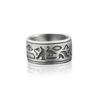 Ancient egyptian mythology ring for men in silver, Hieroglyphics band silver ring, Egyptian wedding ring for her, Mythology lover band ring