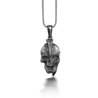 Broken Greek Helmet on Skull Necklace, Greek Warrior Necklace in Gothic Style, Sterling Silver Alt Necklace For Boyfriend, Cool Necklace