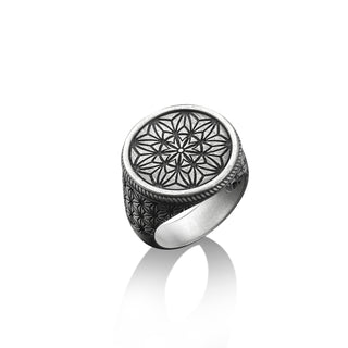 Geometric Flower Sihnet Ring For Men in Sterling Silver, Floral Family Ring, Engraved Men Ring, Nature Jewelry, Dainty Ring, Memorial Gift