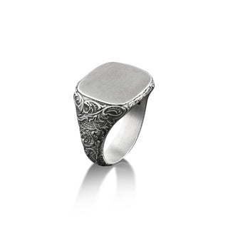 Floral Mens Signet Ring in Silver, Engraved Victorian Motifs Signet Ring For Men, Filigree Male Ring For Boyfriend, Husband Birthday Gift