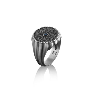 Boho Floral Signet Ring with Gemstone, Sterling Silver Boho Leaves Gemstone Ring, Signet Ring for Men, Motifs Ring for Boyfriend, Pinky Ring