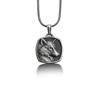Engraved wolf pendant necklace for men in silver, Personalized animal necklace for dad, Handmade necklace for boyfriend